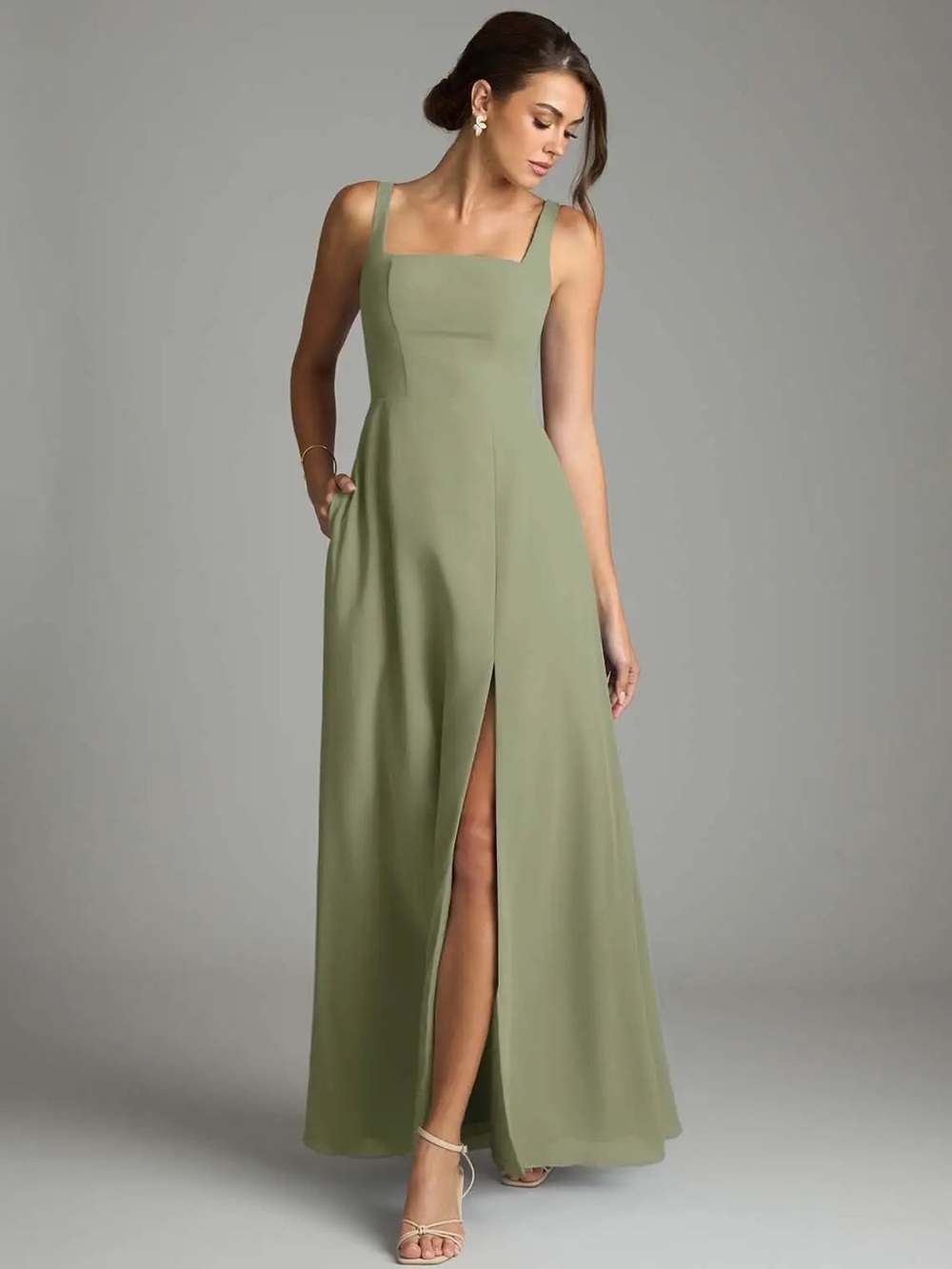 Azazie Green Square Neck Maxi Dress with Front Slit